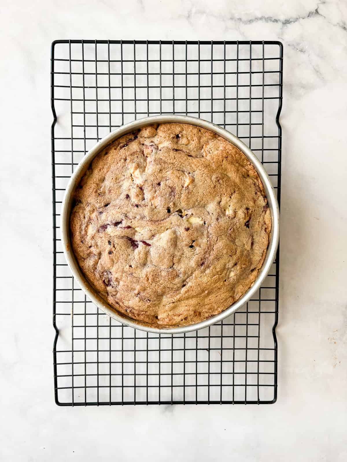 A simple and sweet blackberry apple cake that comes together in one bowl and can be made with g-f oat flour or whole wheat pastry flour. A blackberry apple cake cools in a pan on a rack.