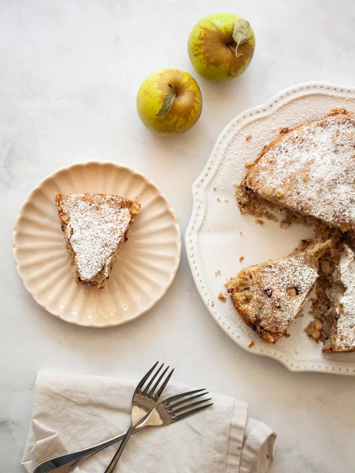 A simple and sweet blackberry apple cake that comes together in one bowl and can be made with g-f oat flour or whole wheat pastry flour. A slice of blackberry apple cake on a plate with apples and the cake next to it.