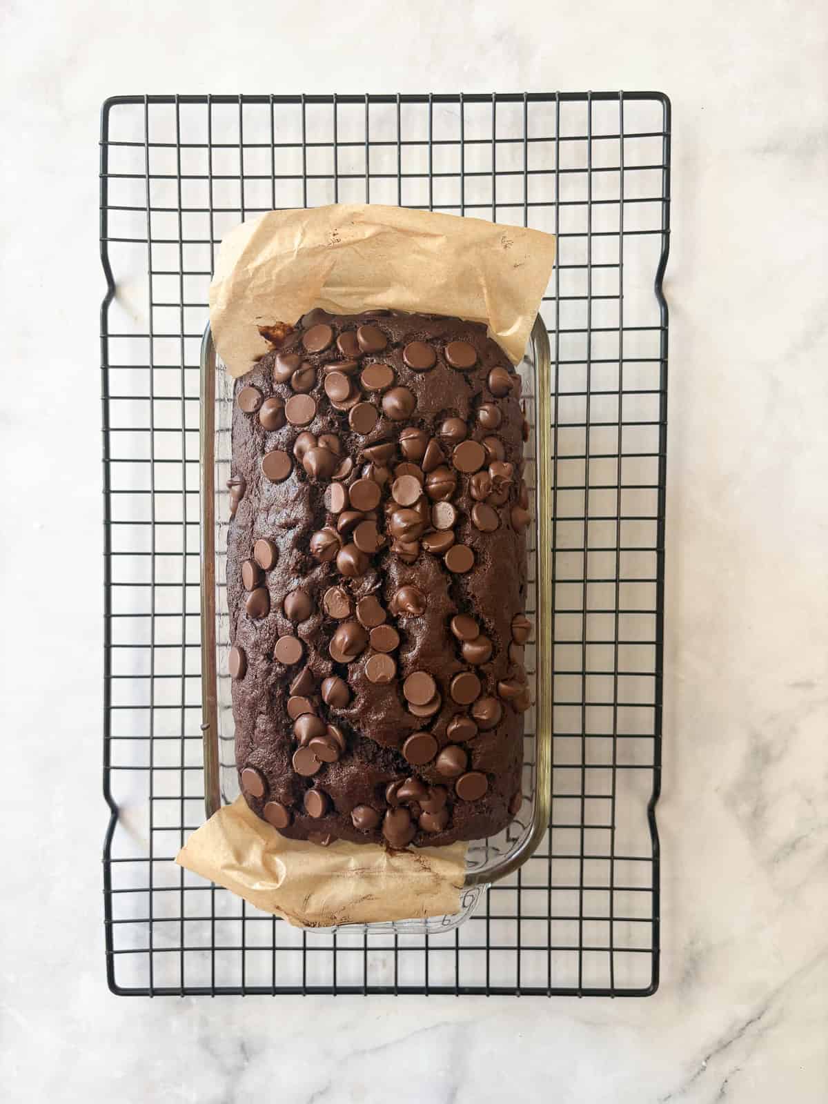 This rich, double chocolate banana bread can be made gluten free or with whole wheat flour for a dense, moist, and utterly delectable loaf. A loaf of double chocolate banana bread cools in the pan on a rack.