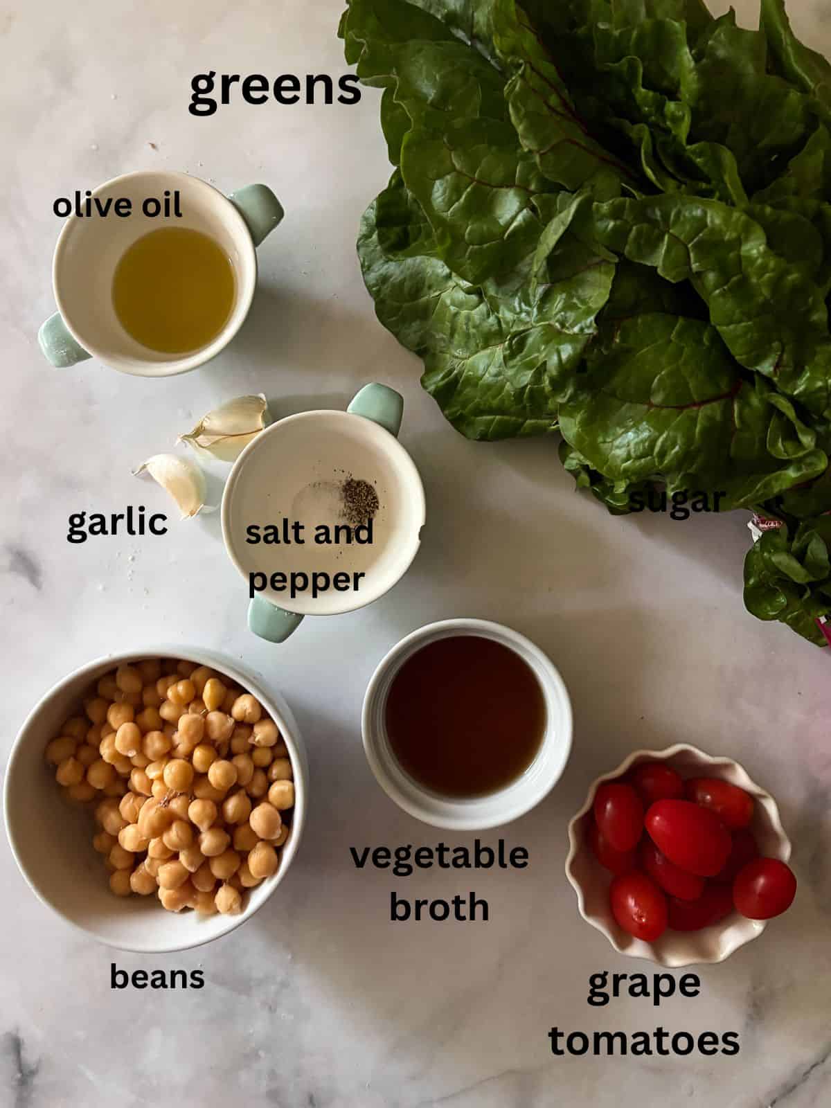 This easy beans and greens recipe comes together in minutes with pantry beans and fresh greens. A simple, adaptable weeknight meal. Ingredients for beans and greens are text-labeled.