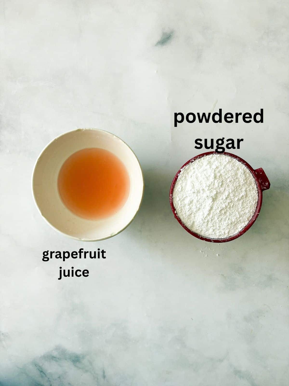 A sweet, lightly pink grapefruit glaze that is so lovely on loaf cakes, regular cakes, cookies, and anywhere else you need a flavor boost! Ingredients for grapefruit glaze are text-labeled.