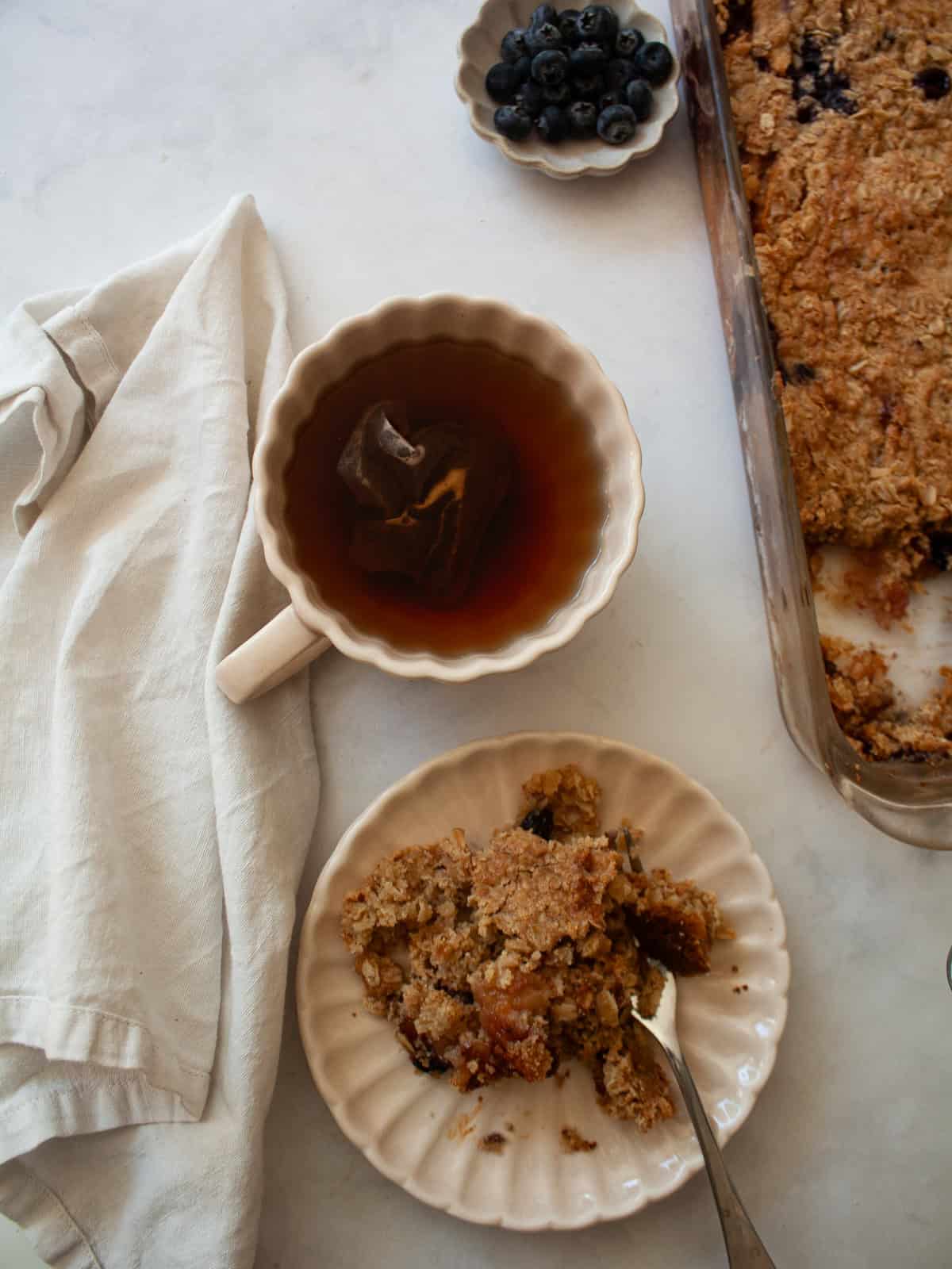 Apple blueberry crisp and a cup of tea.