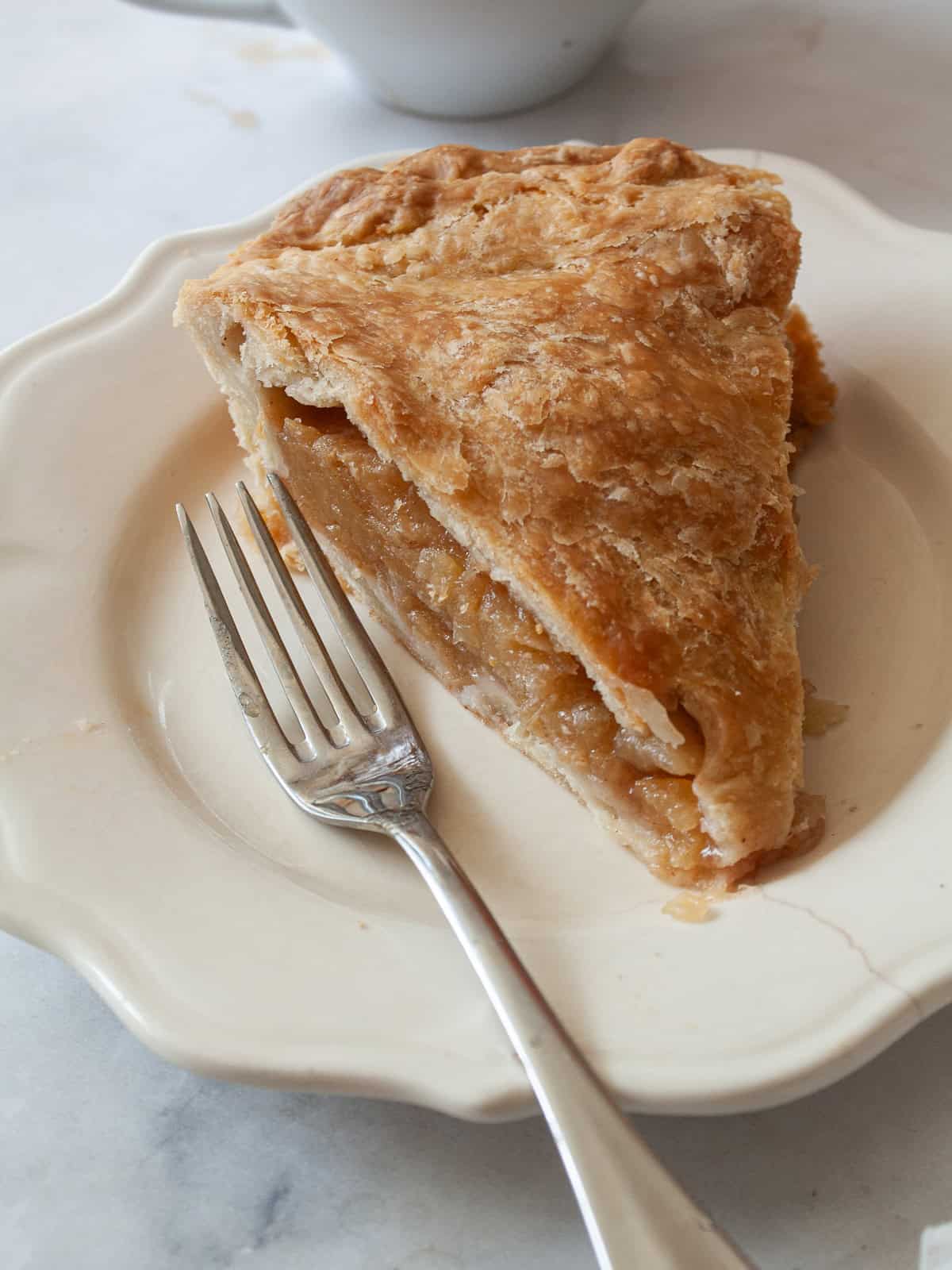 Make the most of the season's ripe apples with this gluten free apple pie that features tender slices of apples in a flaky gluten free crust. A slice of gluten free apple pie on a plate with a fork.