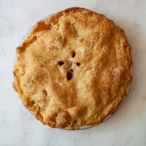 A baked Gravenstein apple pie.