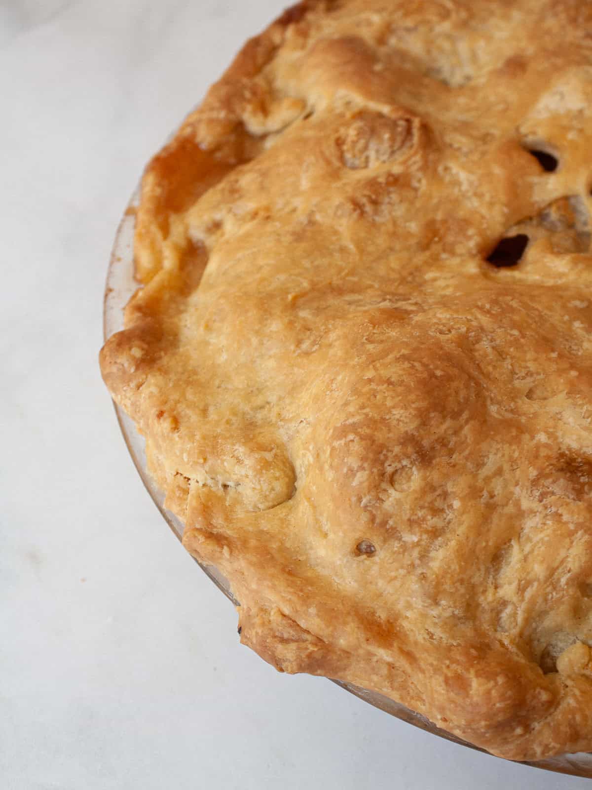 Golden crust of a Gravenstein apple pie.