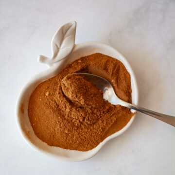 A spoon dips into a bowl in an apple shape that holds apple pie spice.